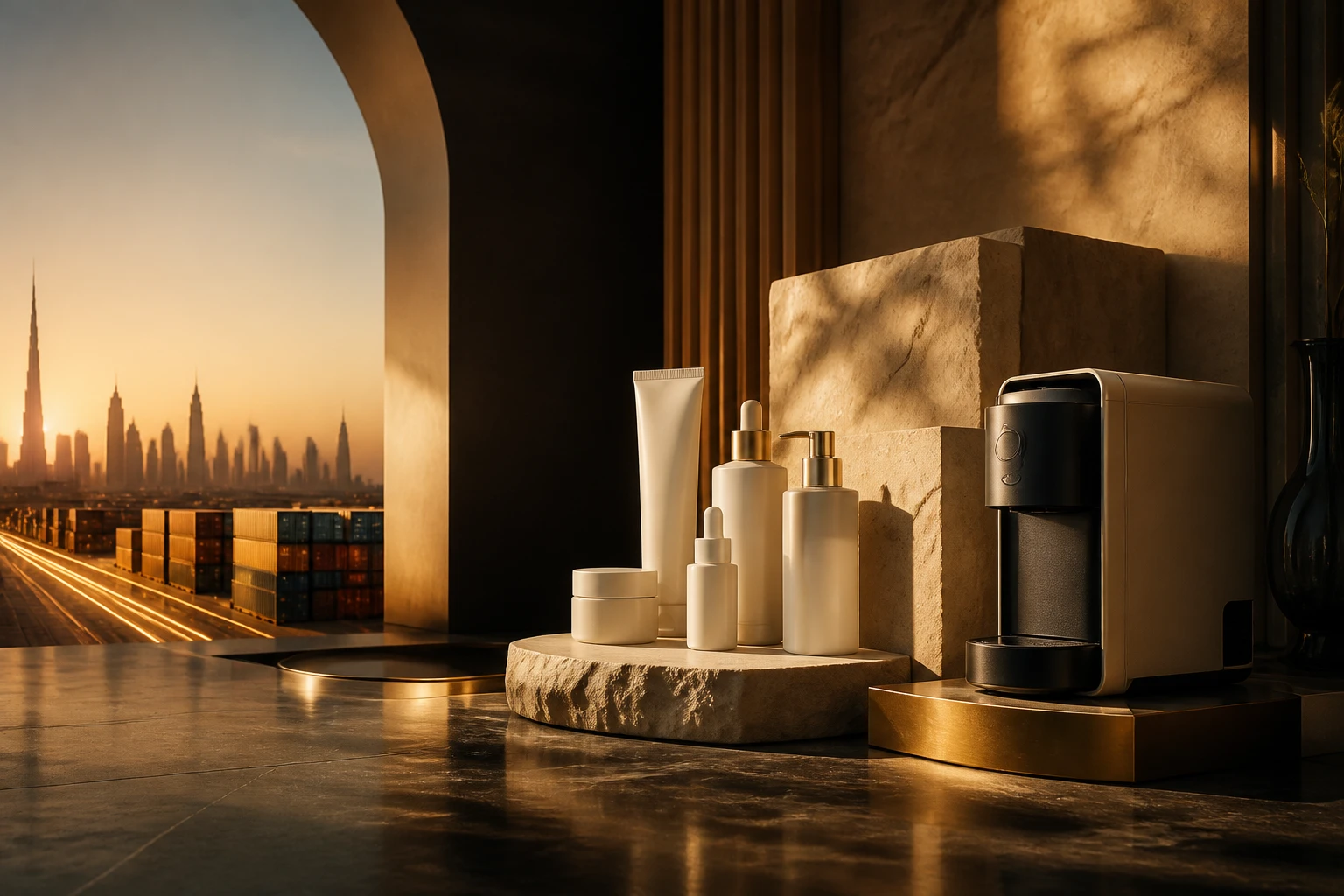 Unbranded beauty products and a compact appliance in a Dubai-inspired trade setting